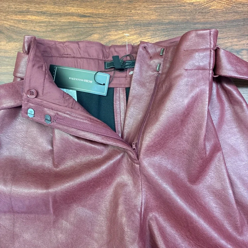 BCBGMAXAZRIA Faux Leather Shorts Womens Small Deep Red NWT Paperbag Waist Belted